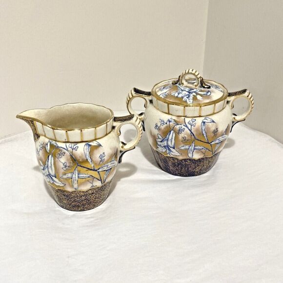 Vintage porcelain creamer & sugar bowl cobalt blue gold highlights unique floral - Picture 4 of 12